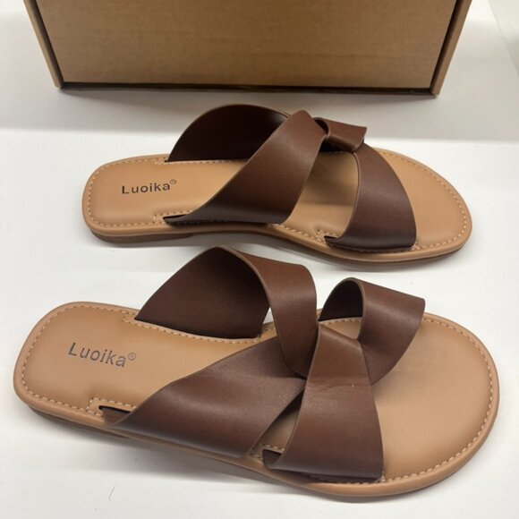 NEW Luoika Women's Wide Width Flat Slides Sandals in Brown Size 9.5 X-Wide - Picture 6 of 8